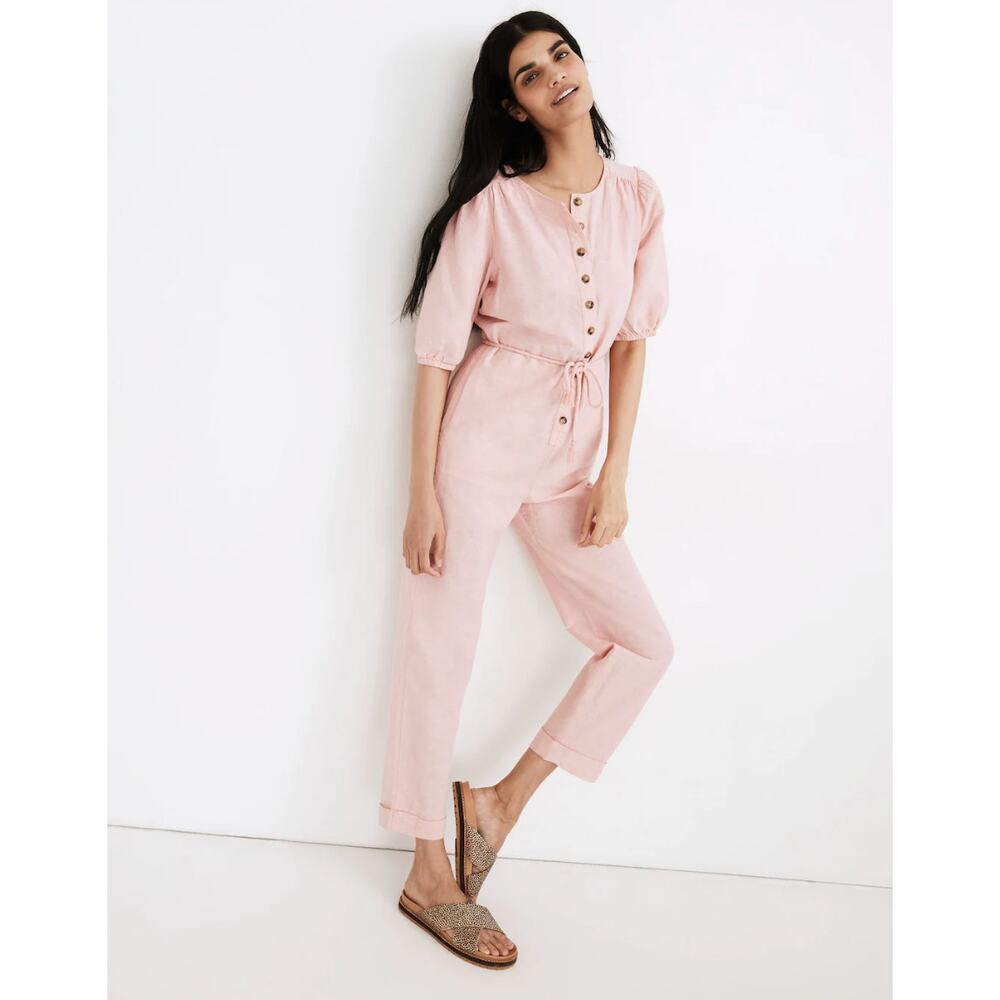 NEW Madewell Linen Blend Puff Sleeve Tassel Tie Jumpsuit Relaxed Fit Pink XXS